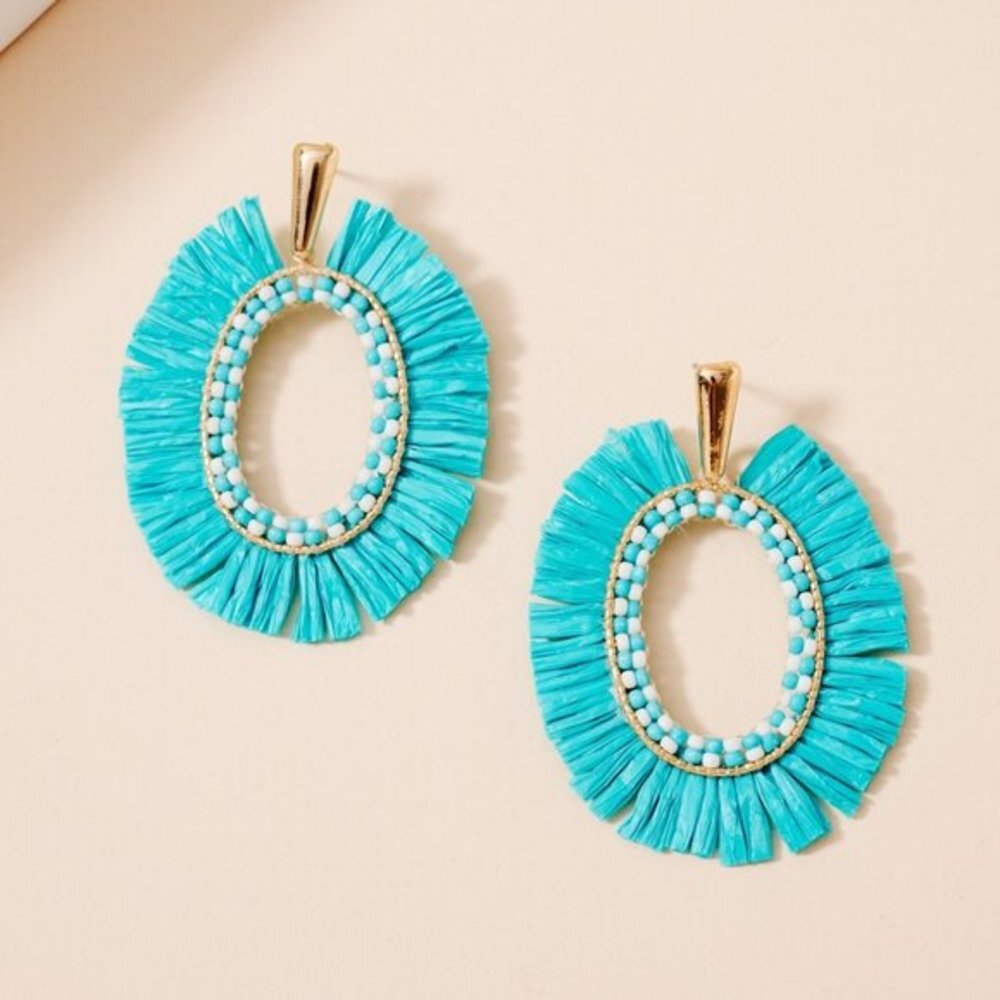 Raffia Fringe Turquoise Oval Earrings